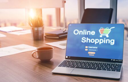 Online shopping and Internet Money Payment Transaction Technology. Modern graphic interface showing e-commerce retail store for customer to purchase product on the website and pay by online transfer.の写真素材