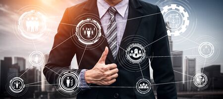 Human Resources Recruitment and People Networking Concept. Modern graphic interface showing professional employee hiring and headhunter seeking interview candidate for future manpower.の写真素材