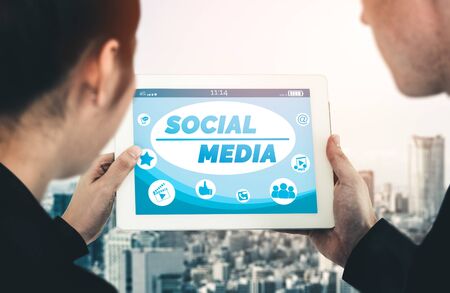 Social media and young people network concept. Modern graphic interface showing online social connection network and media channels to engage customer interaction in the digital business.の写真素材