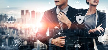 Cyber Security and Digital Data Protection Concept. Icon graphic interface showing secure firewall technology for online data access defense against hacker, virus and insecure information for privacy.の写真素材