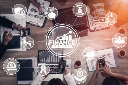 Finance and Money Transaction Technology Concept. Icon Graphic interface showing fin-tech trade exchange, profit statistics analysis and market analyst service in modern computer application.の写真素材