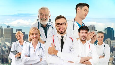 Healthcare people group portrait in creative layout. Professional medical staff, doctors, nurse and surgeon. Medical technology research institute and doctor staff service concept.の写真素材