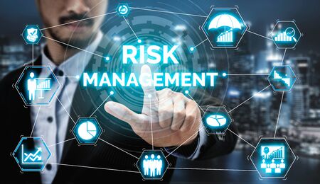 Risk Management and Assessment for Business Investment Concept. Modern graphic interface showing symbols of strategy in risky plan analysis to control unpredictable loss and build financial safety.の写真素材