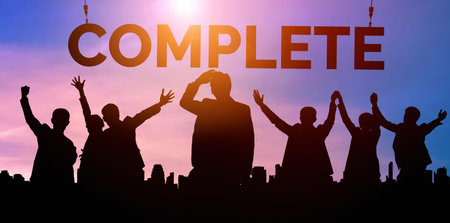 Achievement and Business Goal Success Concept - Creative business people with icon graphic interface...