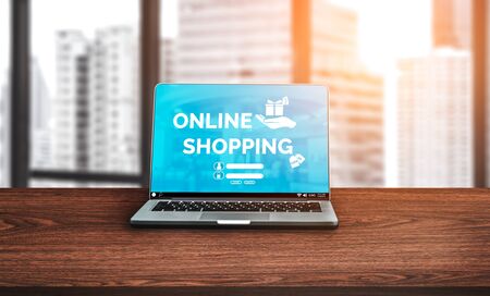 Online shopping and Internet Money Payment Transaction Technology. Modern graphic interface showing e-commerce retail store for customer to purchase product on the website and pay by online transfer.の写真素材