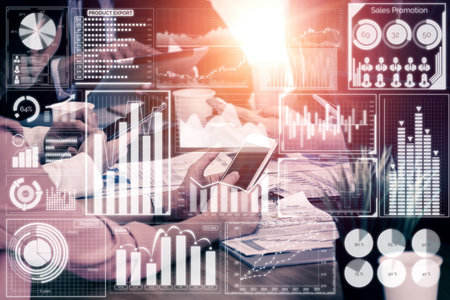 Big Data Technology for Business Finance Analytic Concept. Modern graphic interface shows massive information of business sale report, profit chart and stock market trends analysis on screen monitor.の写真素材
