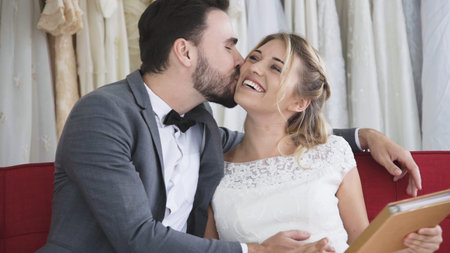 Happy bride and groom in wedding dress prepare for married in wedding ceremony. Romantic love of man...