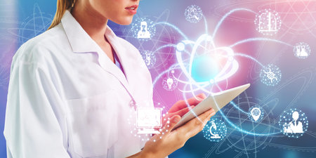 Medical Healthcare Research and Development Concept. Doctor in hospital lab with science health...