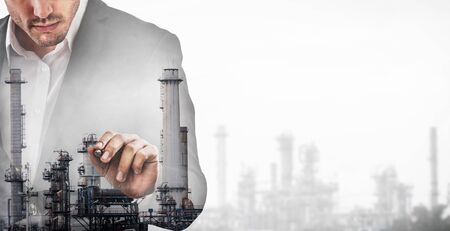 Double exposure man on factory graphic interface. Concept of modern industry technology.の写真素材