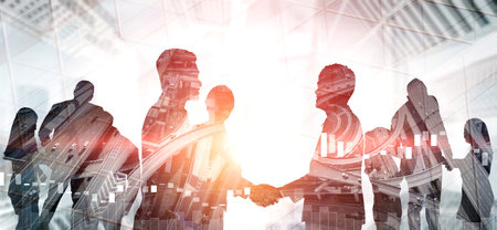 Double exposure image of many business people conference group meeting on city office building in...
