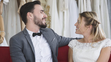 Happy bride and groom in wedding dress prepare for married in wedding ceremony. Romantic love of man and woman couple.の写真素材