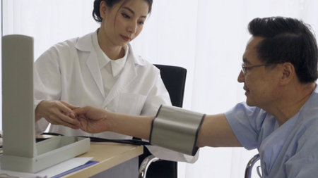 Doctor or physician take care of sick patient at the hospital or medical clinic. The happy patient...