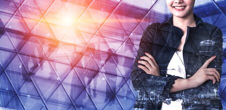 Double Exposure Image of Success Business People on abstract modern city background. Future business and communication technology concept. Surreal futuristic multiple exposure graphic interface.の写真素材