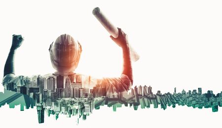 Future building construction engineering project concept with double exposure graphic design. Building engineer, architect people or construction worker working with modern civil equipment technology.の写真素材