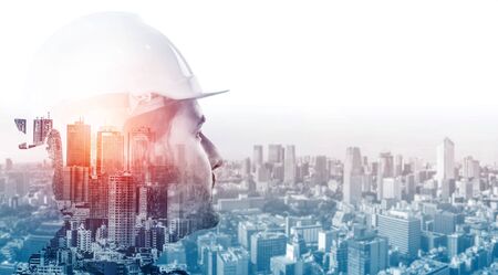 Future building construction engineering project concept with double exposure graphic design. Building engineer, architect people or construction worker working with modern civil equipment technology.の写真素材