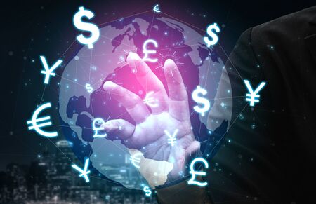 Currency Exchange Global Foreign Money Finance - International forex market with different world currency symbol conversion.の写真素材