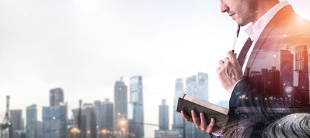 Double Exposure Image of Business Person on modern city background. Future business and...