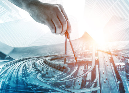 Future building construction engineering project concept with double exposure graphic design....