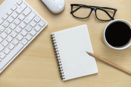 Office desk workspace and table background from top view above flat lay objects. Modern minimal design desktop for creative working. Minimalism concept.の写真素材