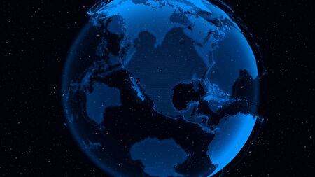 3D Digital Earth shows concept of global network connection of international people in global business rotating in stars and space background. Modern information technology and globalization concept.の写真素材