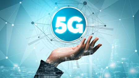 5G Communication Technology Wireless Internet Network for Global Business Growth, Social Media, Digital E-commerce and Entertainment Home Use.の写真素材