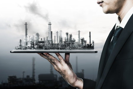 Future factory plant and energy industry concept in creative graphic design. Oil, gas and...
