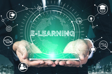 E-learning and Online Education for Student and University Concept. Graphic interface showing...