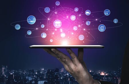 Omni channel technology of online retail business. Multichannel marketing on social media network platform offer service of internet payment channel, online retail shopping and omni digital app.の写真素材