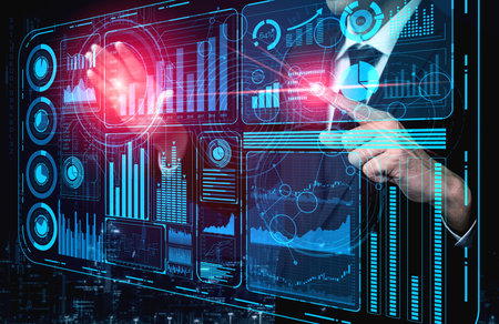 Big Data Technology for Business Finance Analytic Concept. Modern graphic interface shows massive...