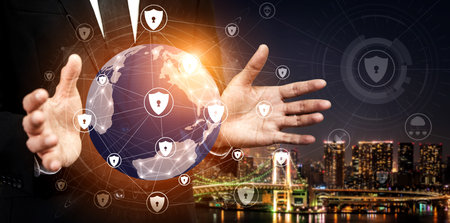 Cyber Security and Digital Data Protection Concept. Icon graphic interface showing secure firewall...