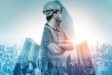 Future building construction engineering project concept with double exposure graphic design....