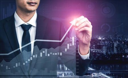 Double Exposure Image of Business and Finance - Businessman with report chart up forward to financial profit growth of stock market investment.の写真素材