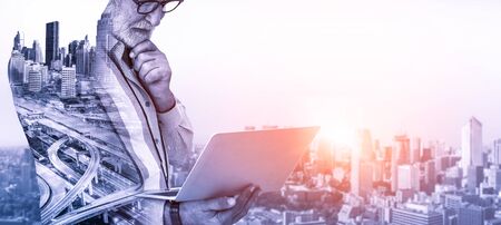 Future building construction engineering project concept with double exposure graphic design. Building engineer, architect people or construction worker working with modern civil equipment technology.の写真素材