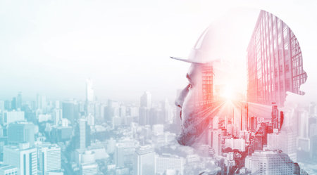 Future building construction engineering project concept with double exposure graphic design....