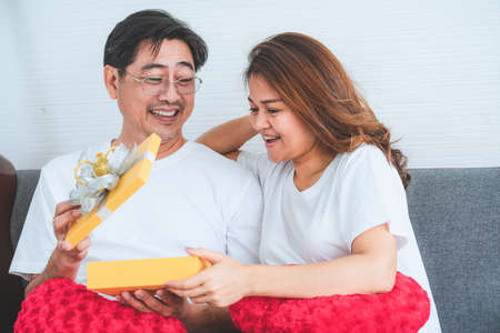 Happy Asian senior couple having good time at home. Old people retirement and healthy citizens elderly concept.の写真素材