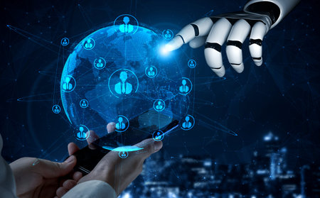 Artificial intelligence AI research of robot and cyborg development for future of people living....