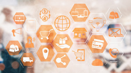 Omni channel technology of online retail business. Multichannel marketing on social media network...