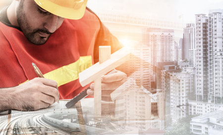 Future building construction engineering project concept with double exposure graphic design....