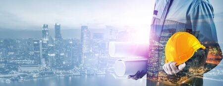 Future building construction engineering project concept with double exposure graphic design. Building engineer, architect people or construction worker working with modern civil equipment technology.の写真素材