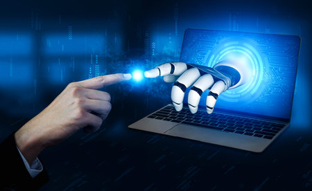 3D rendering artificial intelligence AI research of robot and cyborg development for future of...