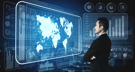 Big Data Technology for Business Finance Analytic Concept. Modern graphic interface shows massive...