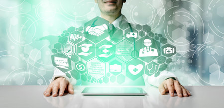 Health Insurance Concept - Doctor in hospital with health insurance related icon graphic interface...