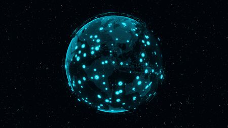 3D Digital Earth shows concept of global network connection of international people in global business rotating in stars and space background. Modern information technology and globalization concept.の写真素材