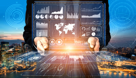 Big Data Technology for Business Finance Analytic Concept. Modern graphic interface shows massive...
