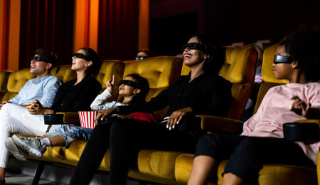 Group of people watch movie with 3D glasses in cinema theater with interest looking at the screen,...