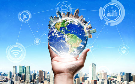 5G Communication Technology Wireless Internet Network for Global Business Growth, Social Media, Digital E-commerce and Entertainment Home Use.の写真素材