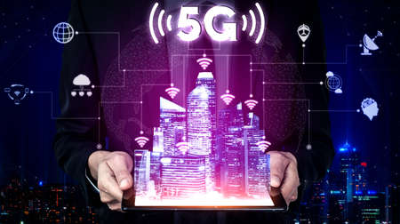 5G Communication Technology Wireless Internet Network for Global Business Growth, Social Media, Digital E-commerce and Entertainment Home Use.の写真素材