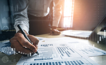 Big Data Technology for Business Finance Analytic Concept. Modern graphic interface shows massive...