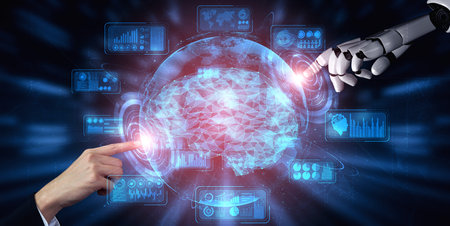 3D rendering artificial intelligence AI research of robot and cyborg development for future of...