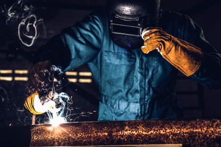 Metal welder working with arc welding machine to weld steel at factory while wearing safety...